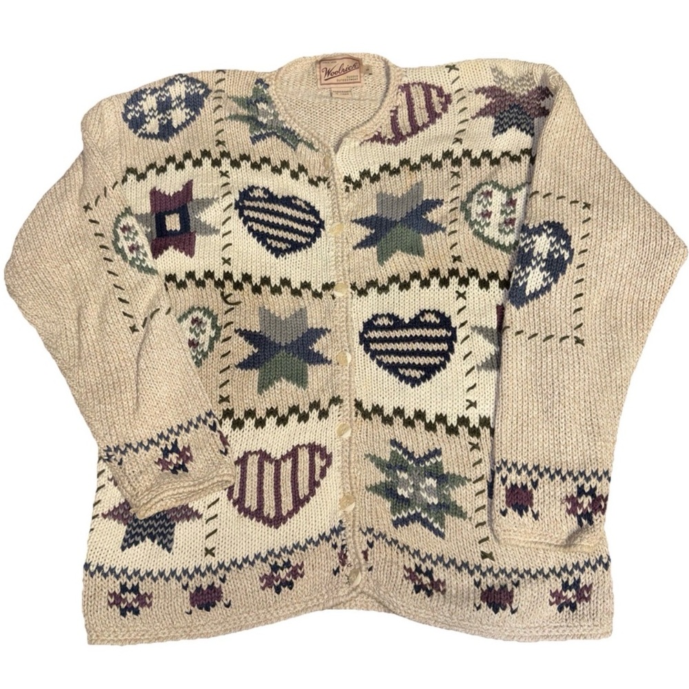 Woolrich Cardigan Vintage Women's Small Beige Hearts Stars Cottagecore‎ Flaws